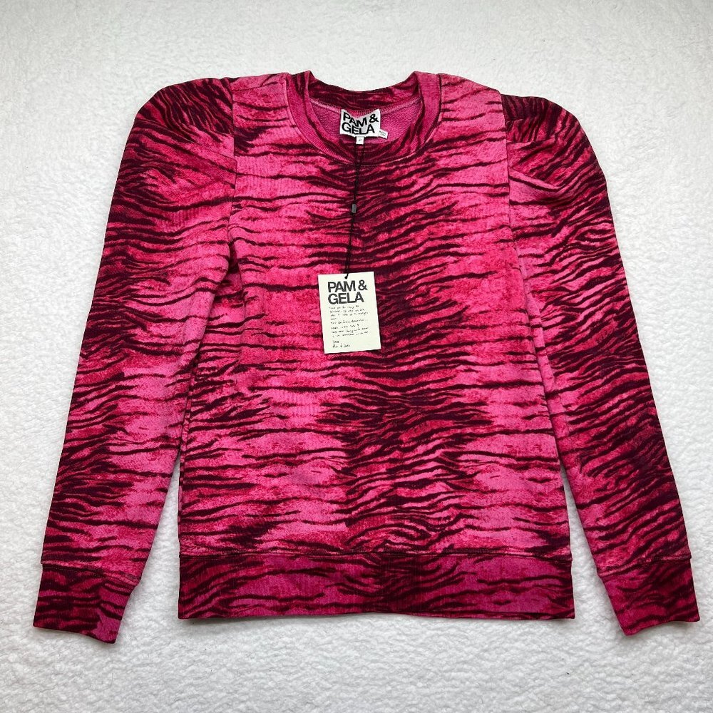 NWT Pam & Gela | Tiger-Print Puff-Sleeve Sweatshirt 100% Pink Size Small - Picture 1 of 7